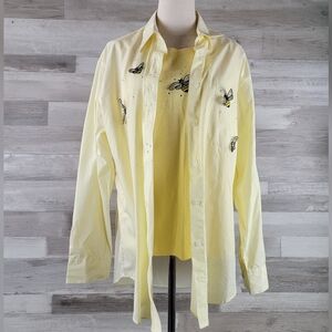 Vintage Mari-Lynn Miami Bee Embellished Yellow Micro Plaid 2 Pc Blouse/ Tank LG